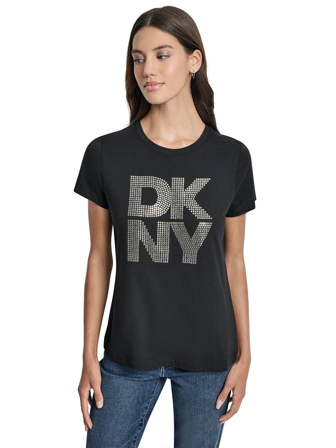 DKNY Women Black Embellished Round Neck Tshirt