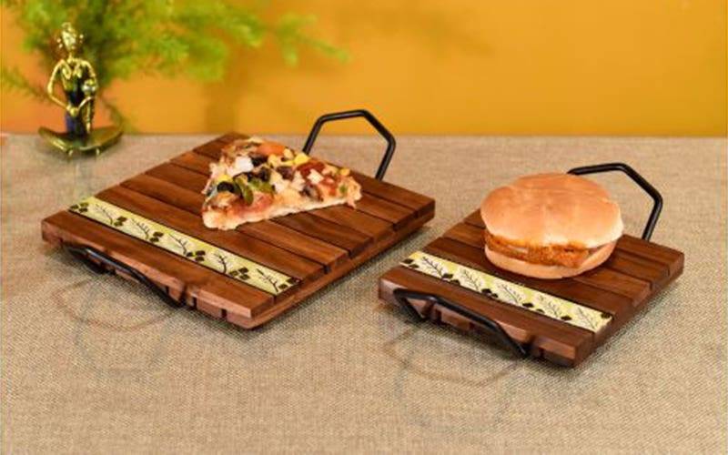 Aakriti Art Creations Leaf of Nature' Snacking Trays in Rosewood-Set of 2