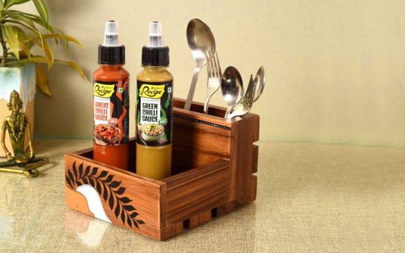 Aakriti Art Creations Teak leaves cutlery holder large