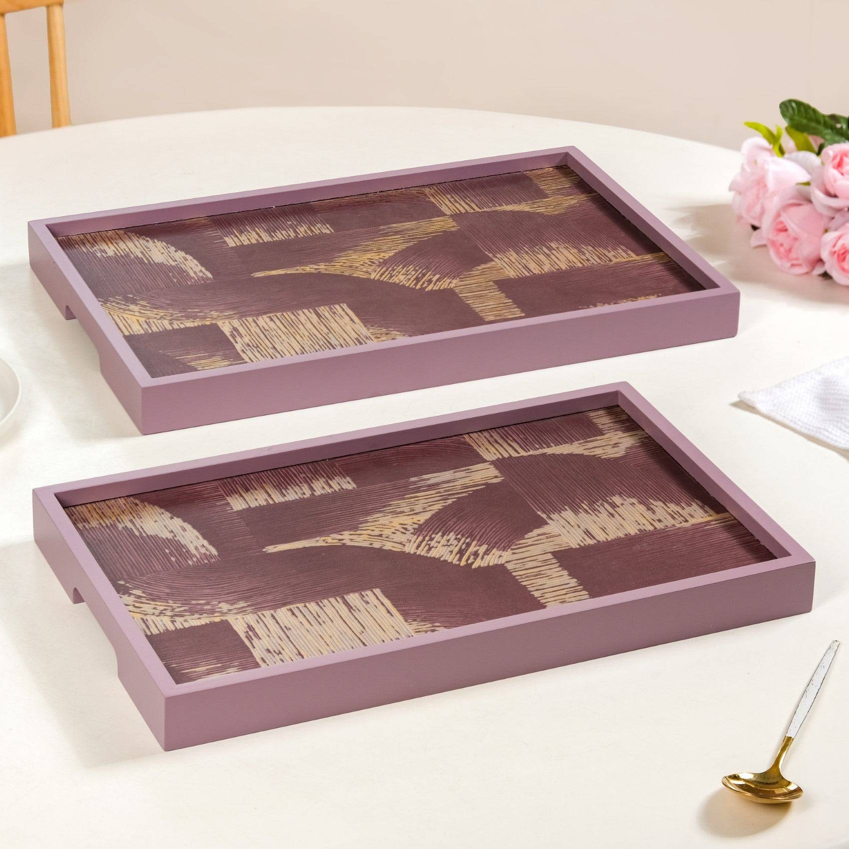 Modern Abstract Art Tray Set Of 2 Purple Matte Gold