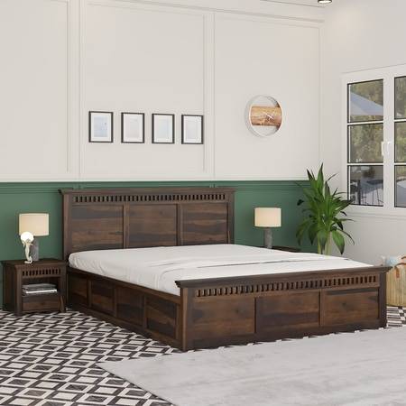Madhavi Sheesham Wood King Size Bed In Provincial Teak Finish With Hydraulic Storage (72 x 78 inches)