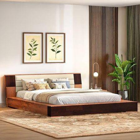 Mahe Solid Wood King Size Bed In Dual Tone With Ancient Ivory Leatherette