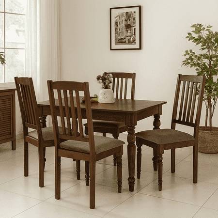 Globally Indian Sheesham Wood 4 Seater Dining Table Set With 4 Seater Cushioned Chairs - 4 Straight Line Backrest