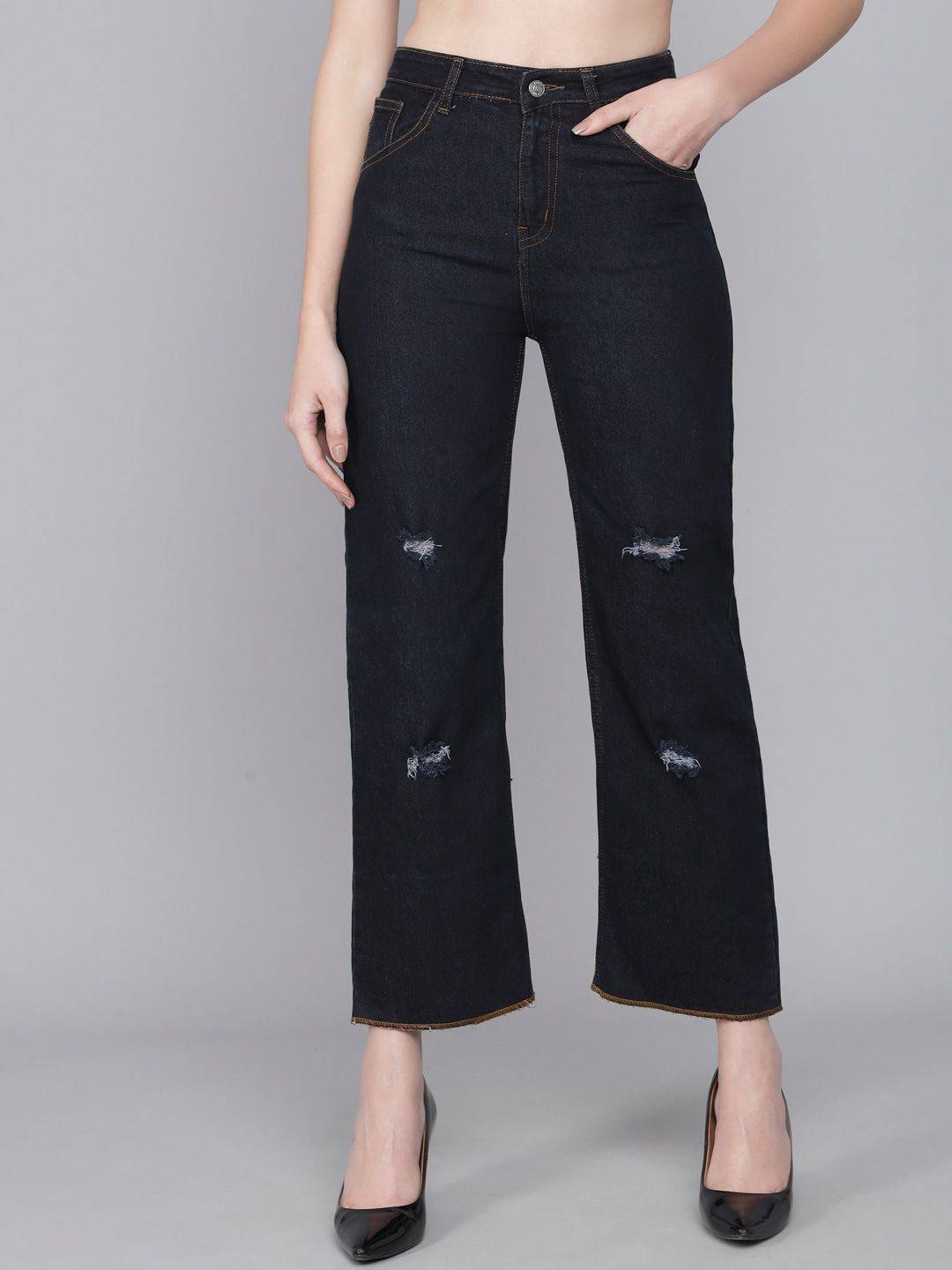 Kotty Women Black Flared High-Rise Mildly Distressed Jeans