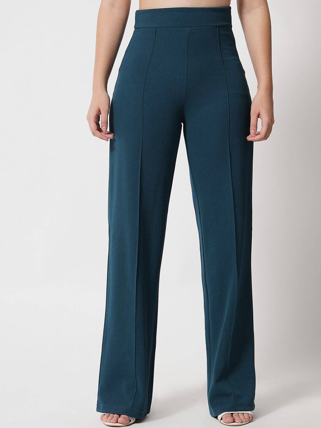 Kotty Women Green Relaxed Straight Fit High-Rise Easy Wash Trousers