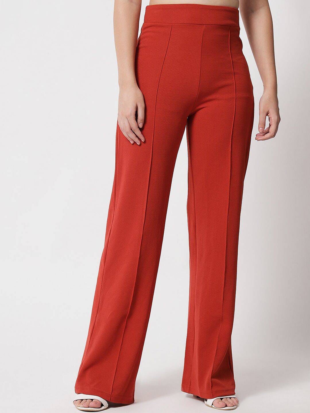 Kotty Women Orange Relaxed Straight Fit High-Rise Easy Wash Trousers