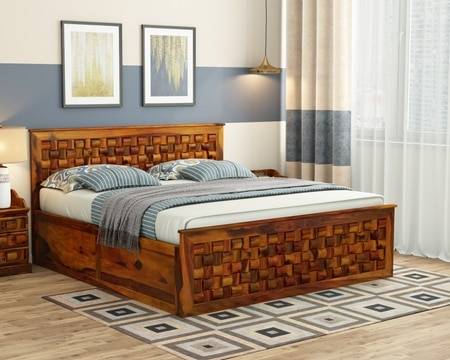 Moglis Solid Wood King Size Bed With Box Storage Bed In Honey Oak Finish