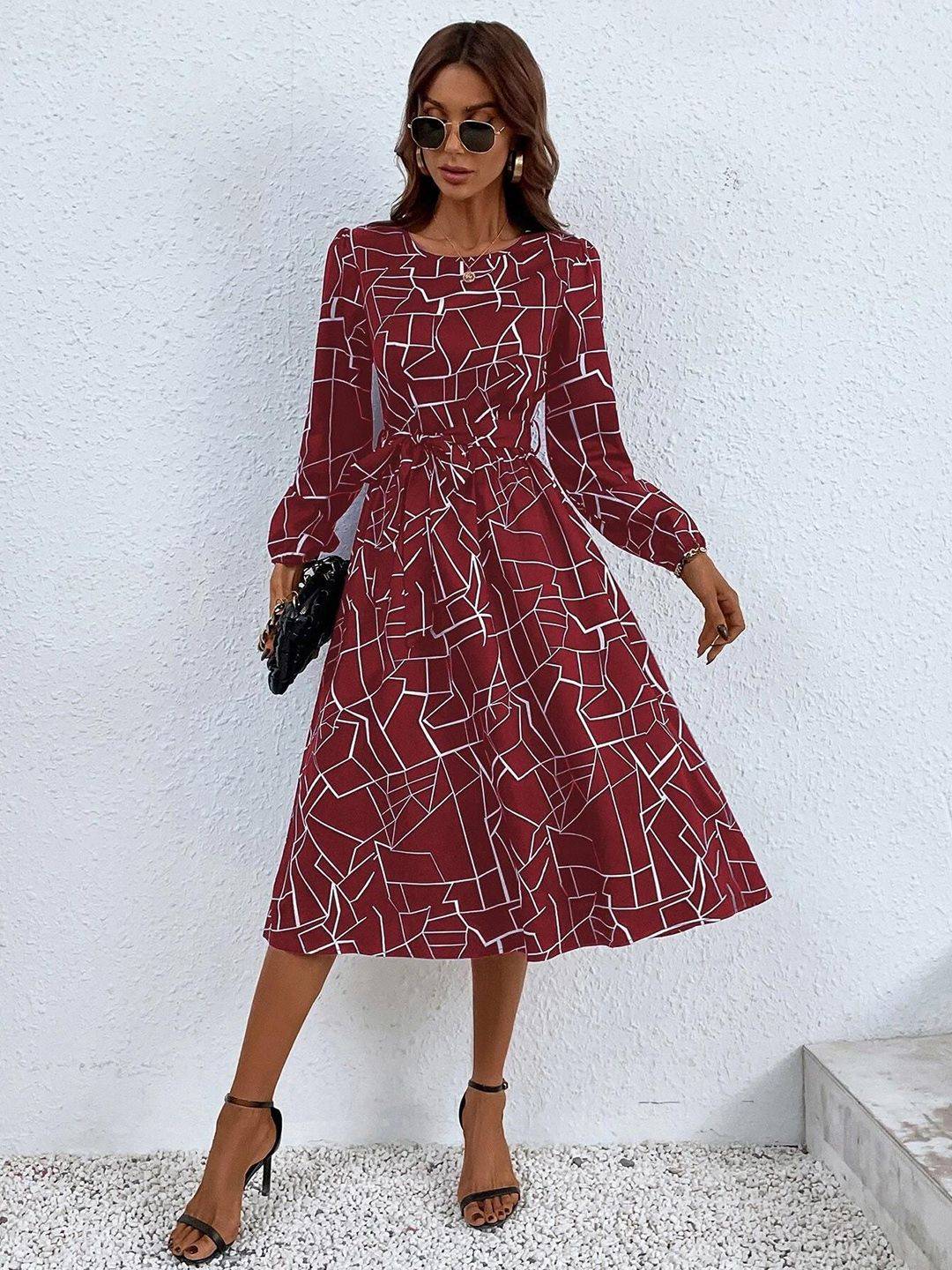 Kotty Maroon Abstract Printed Fit & Flare Midi Dress