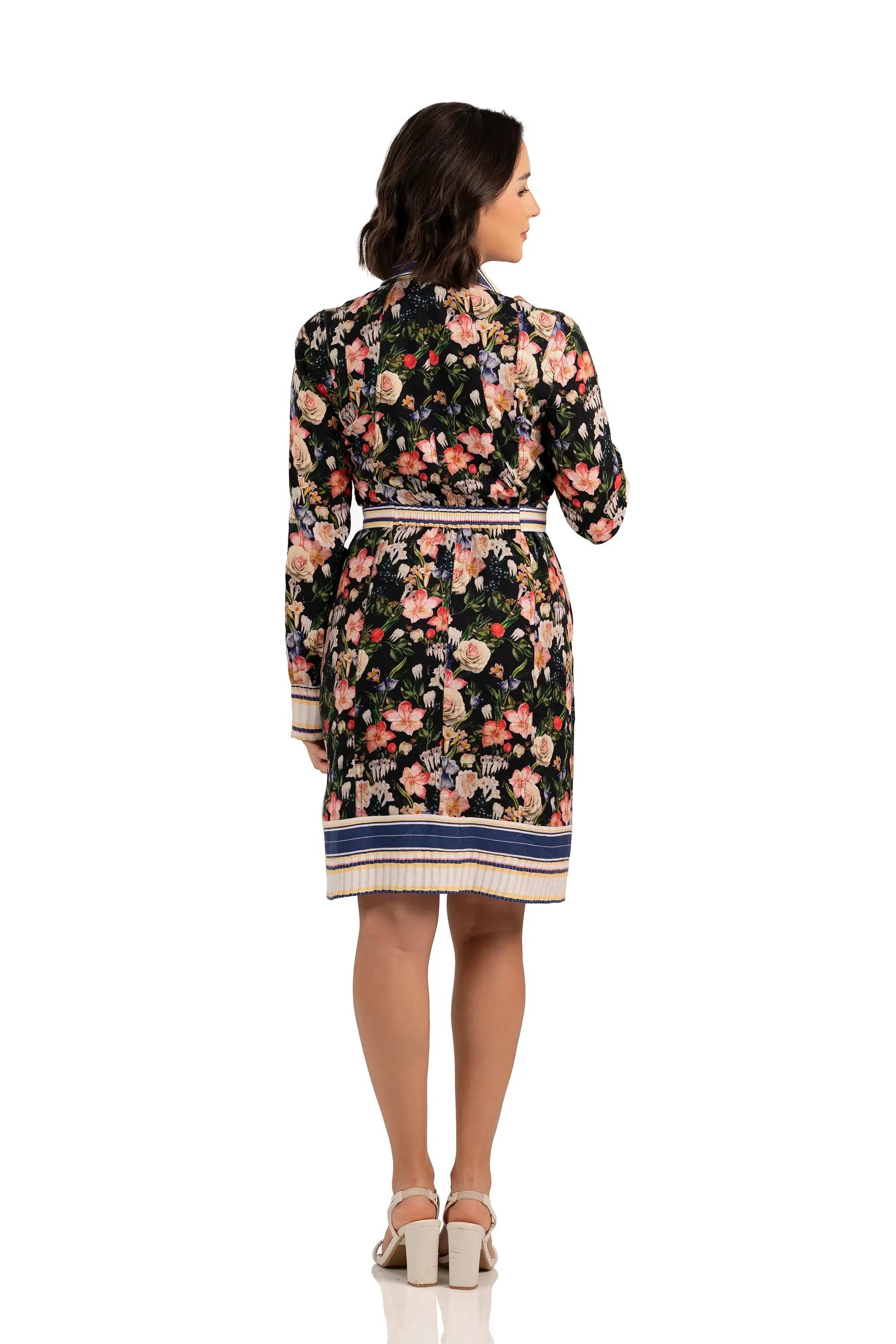 Black Floral Belted Shirt Dress with Long Sleeves