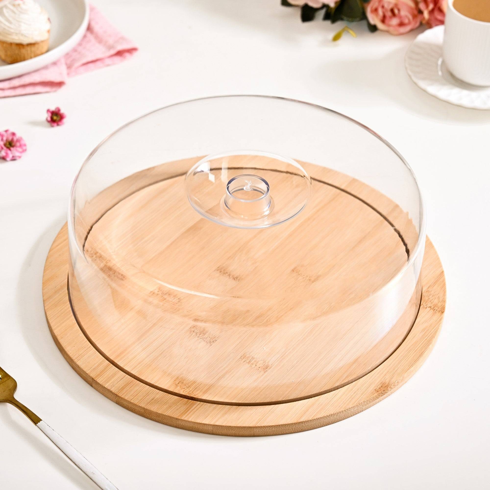 Bamboo Wood Cake Stand With Cloche 25cm buy only at ₹995
