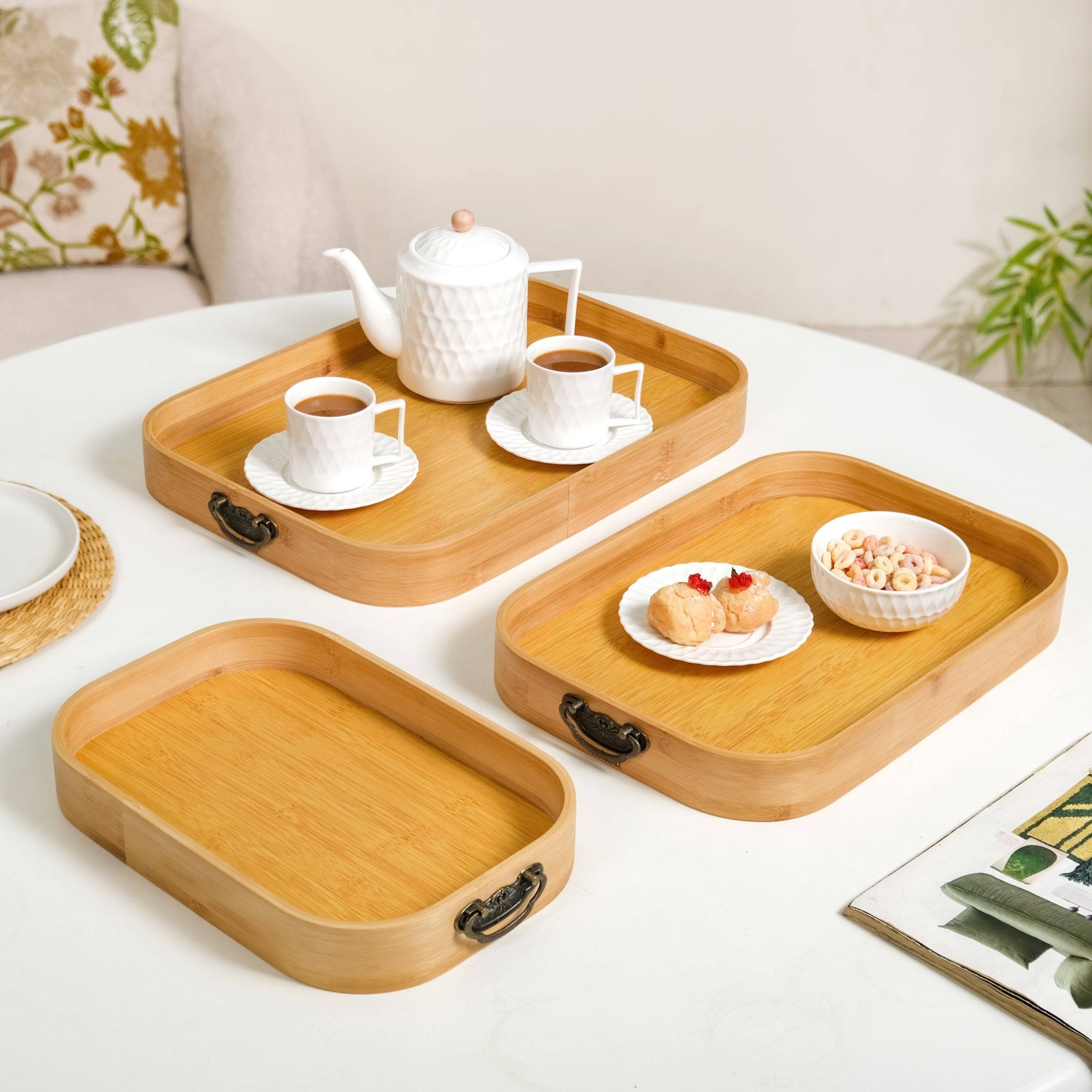 Set Of 3 Bamboo Wood Serving Trays With Handles buy only at ₹4510