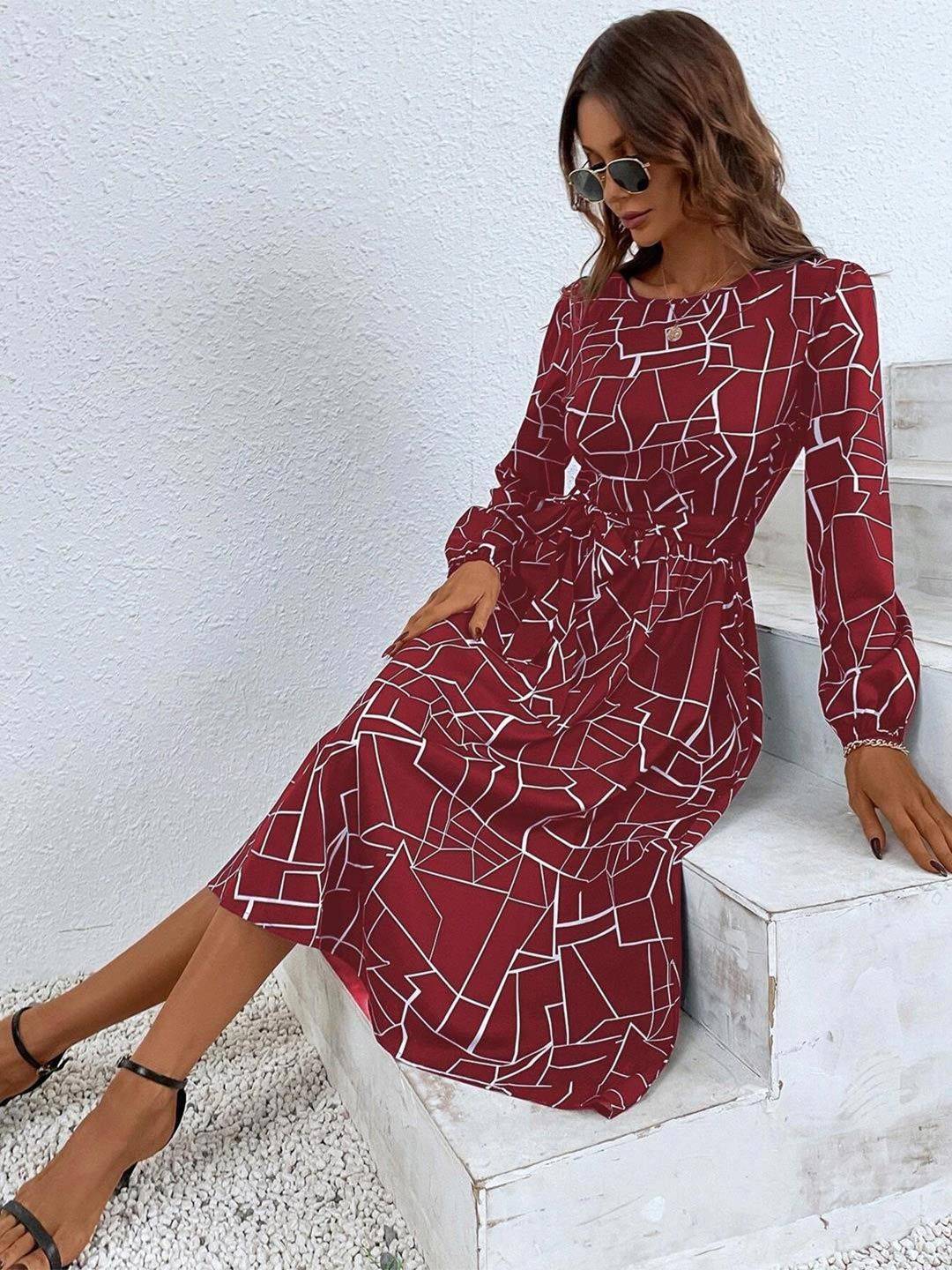 Kotty Maroon Abstract Printed Belted A-Line Midi Dress