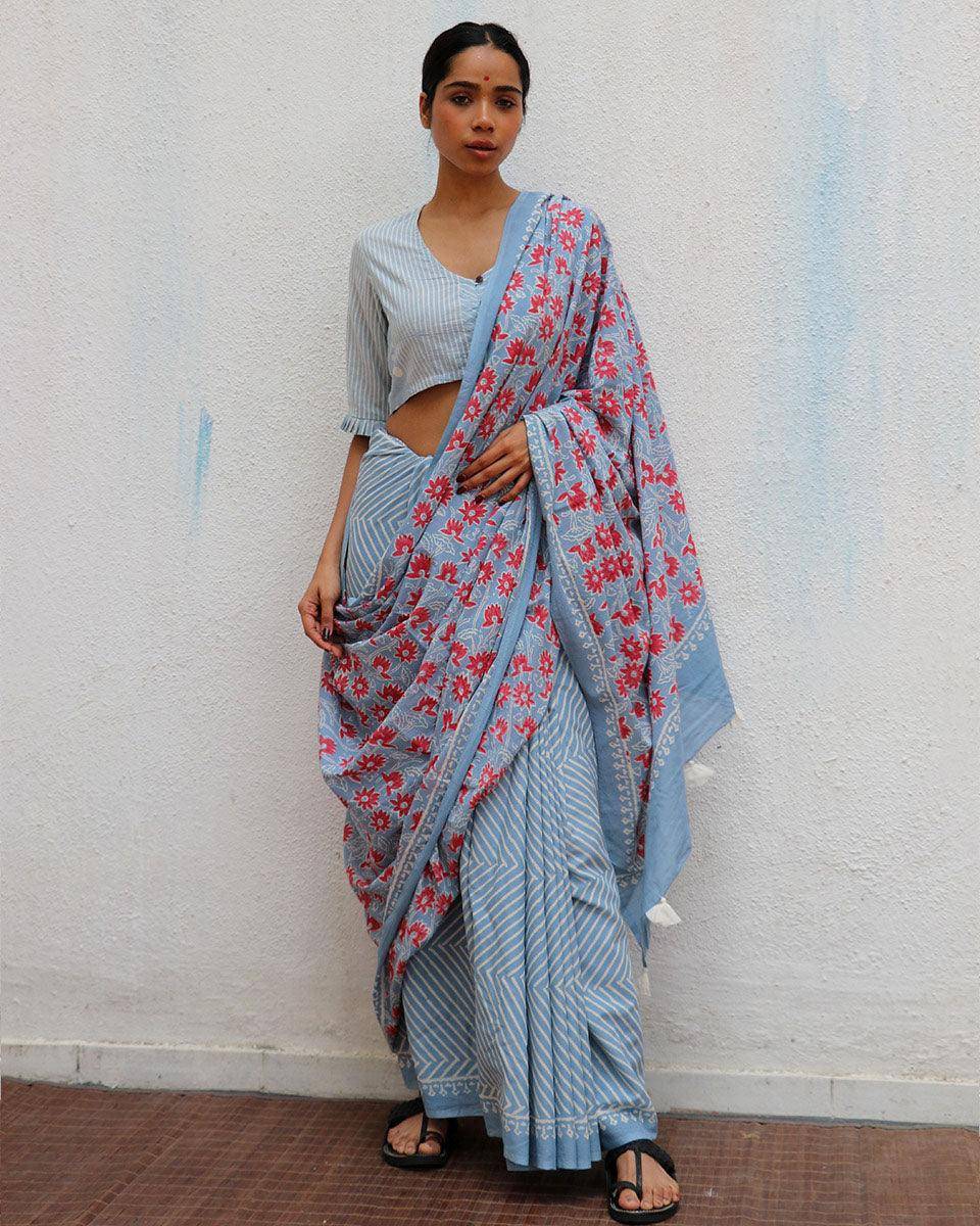 Folk Flowers Handprinted Cotton Sarees