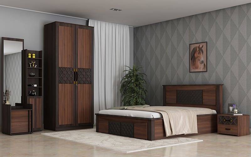 Royaloak Muar Malaysian Bedroom Set (King Size Bed + Dresser + Side Table + 2 Door Wardrobe)