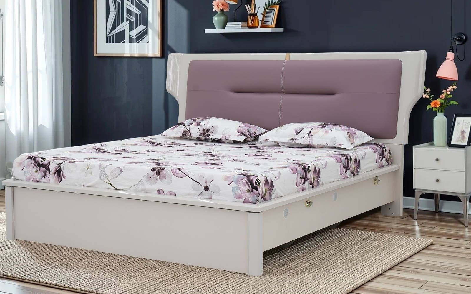 Royaloak Zurich High Gloss King Size Bed with Upholstered Headboard & Hydraulic Storage