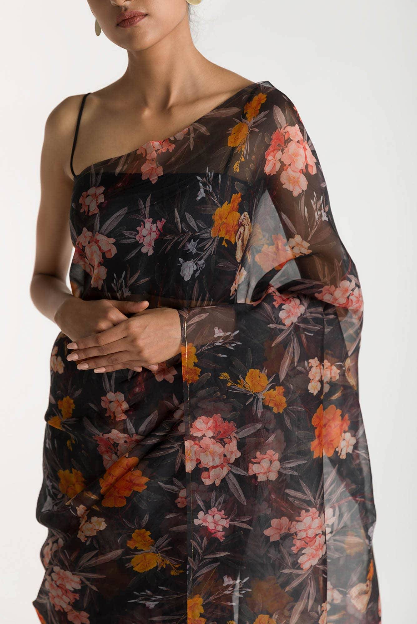 Tropical Parrots Black Pure Organza Silk Saree Buy at ₹9900