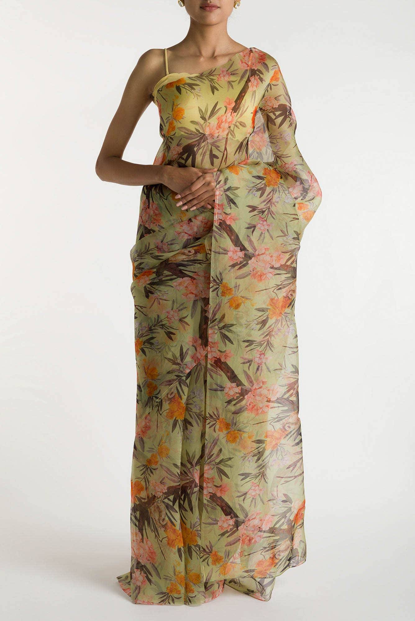 Tropical Parrots Pista Green Pure Organza Silk Saree Buy at ₹9900