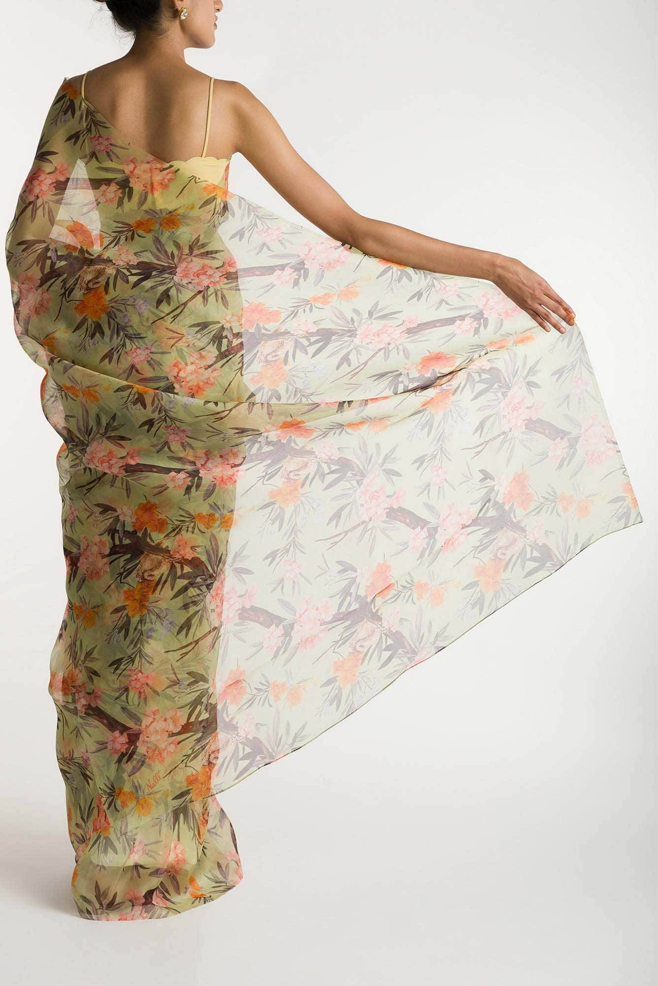 Tropical Parrots Pista Green Pure Organza Silk Saree Buy at ₹9900