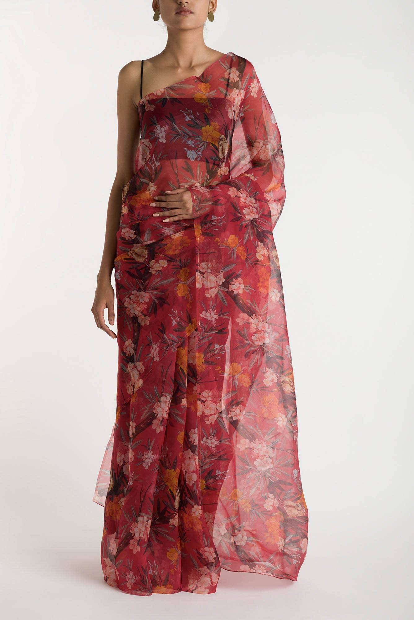 Tropical Parrots Red Pure Organza Silk Saree Buy at ₹9900