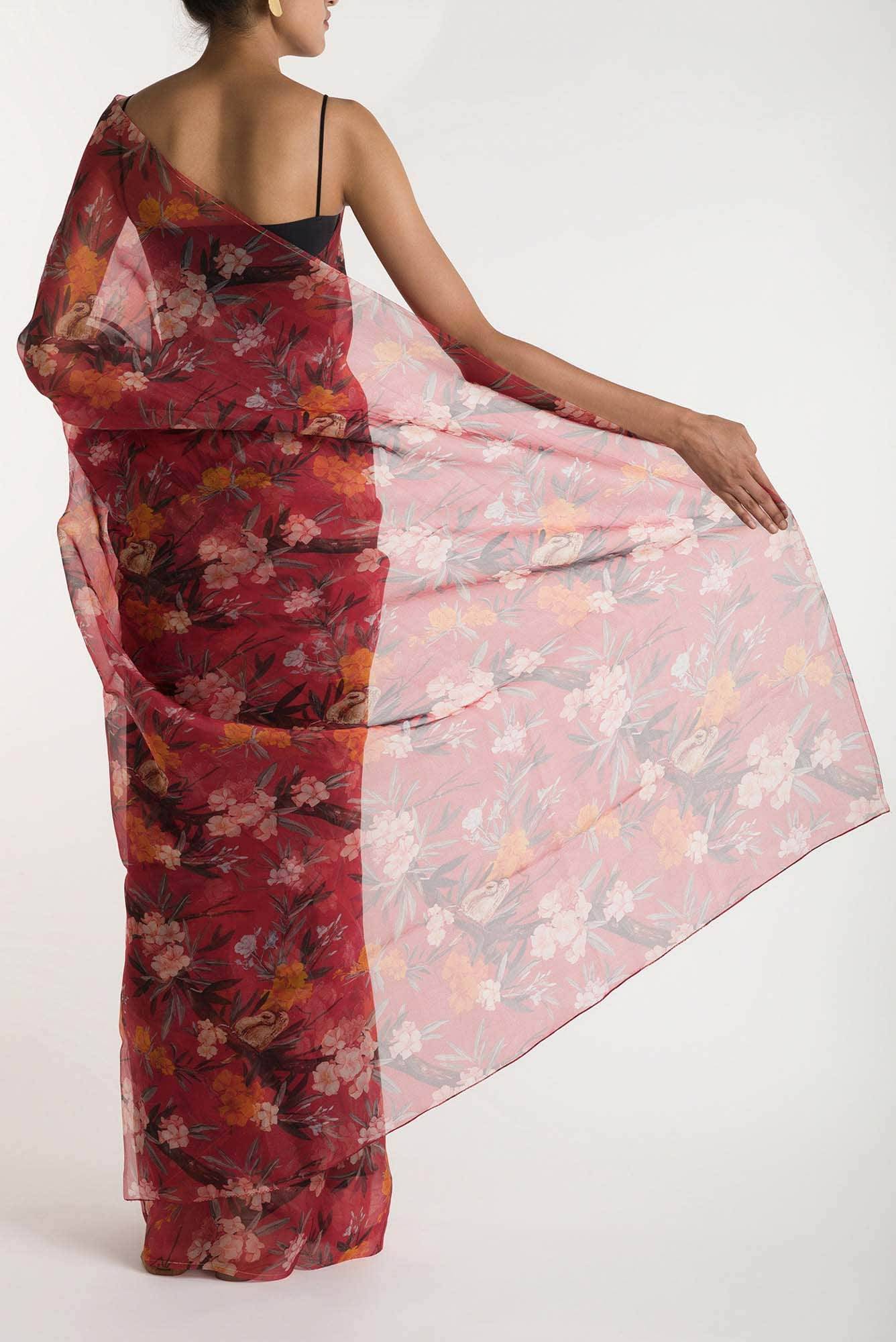 Tropical Parrots Red Pure Organza Silk Saree Buy at ₹9900