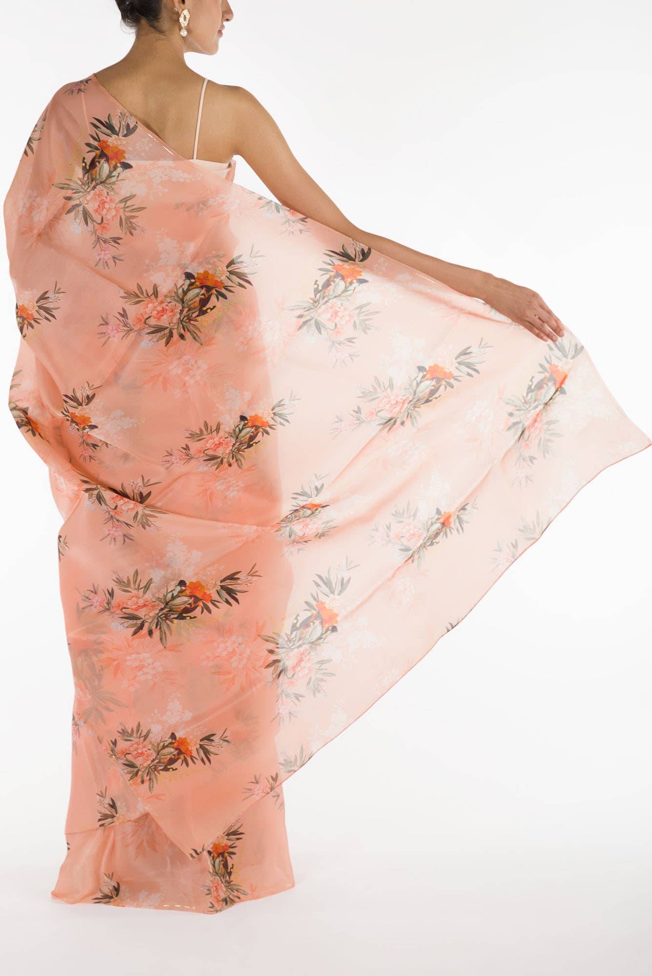 Enigmatic bulbuls Peach Satin Organza Saree Buy at ₹9900