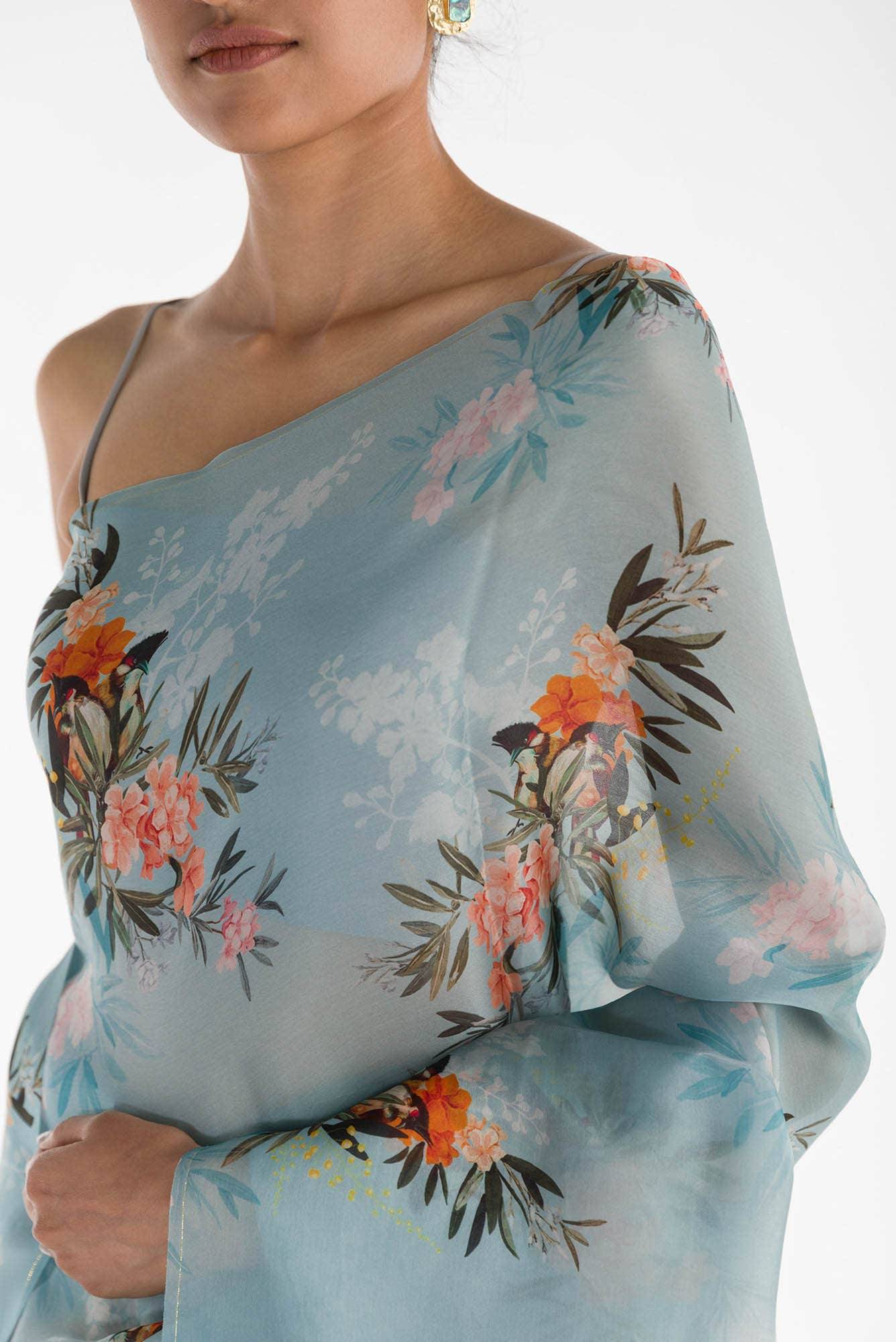 Enigmatic bulbuls Light Blue Satin Organza Saree Buy at ₹9900