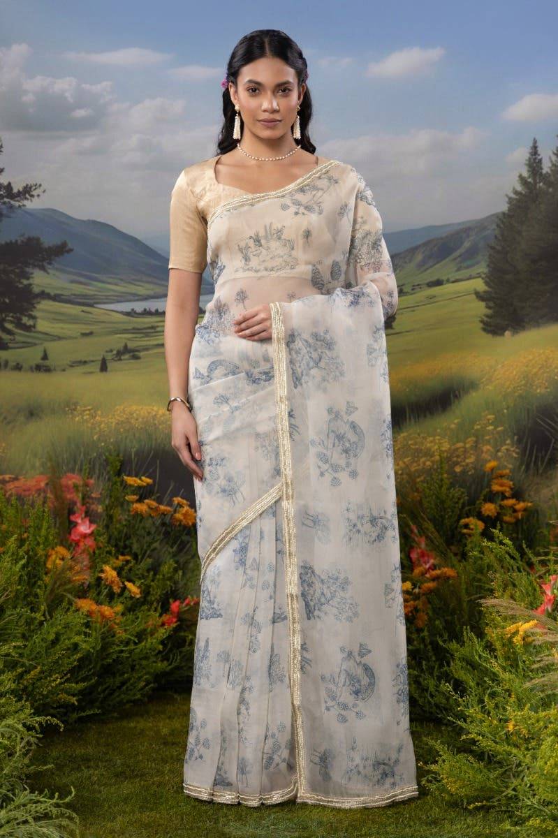 Blue Forest-White Pure Organza Silk Saree Buy at ₹9200