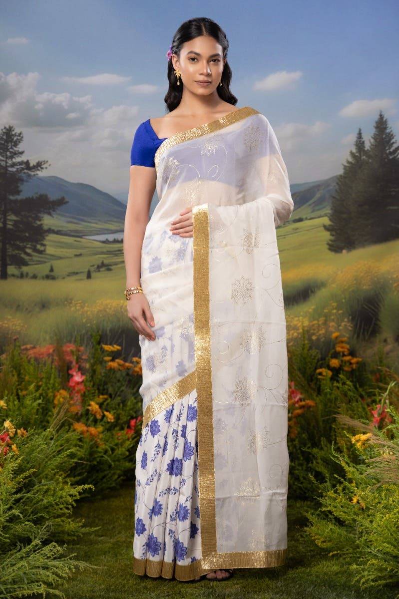 Runes of Gold-White Organza Silk Saree Buy at ₹7999