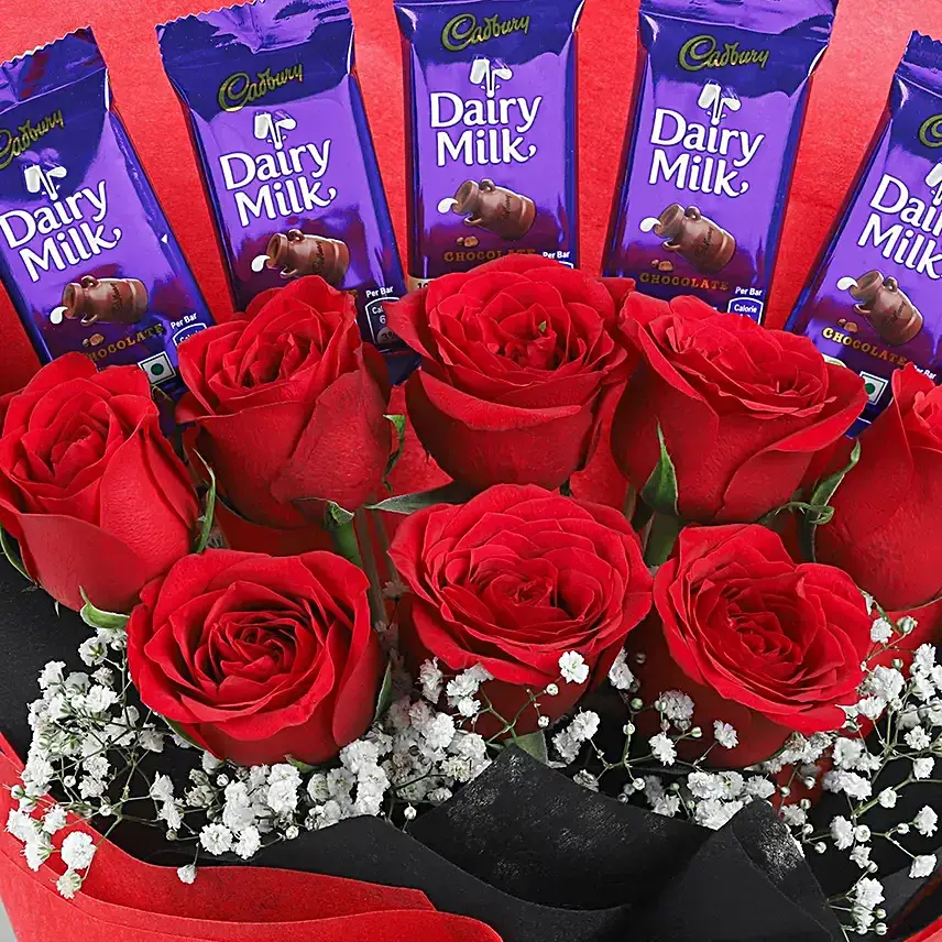 Beautiful Roses Bouquet With Dairy Milk Chocolates