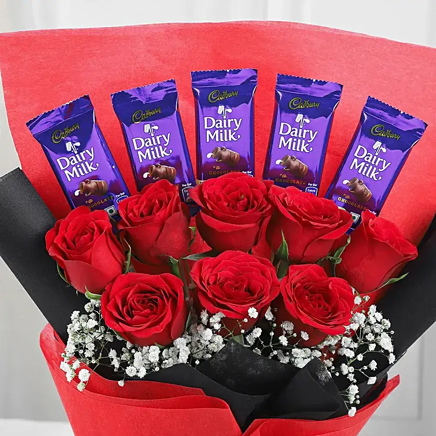Beautiful Roses Bouquet With Dairy Milk Chocolates