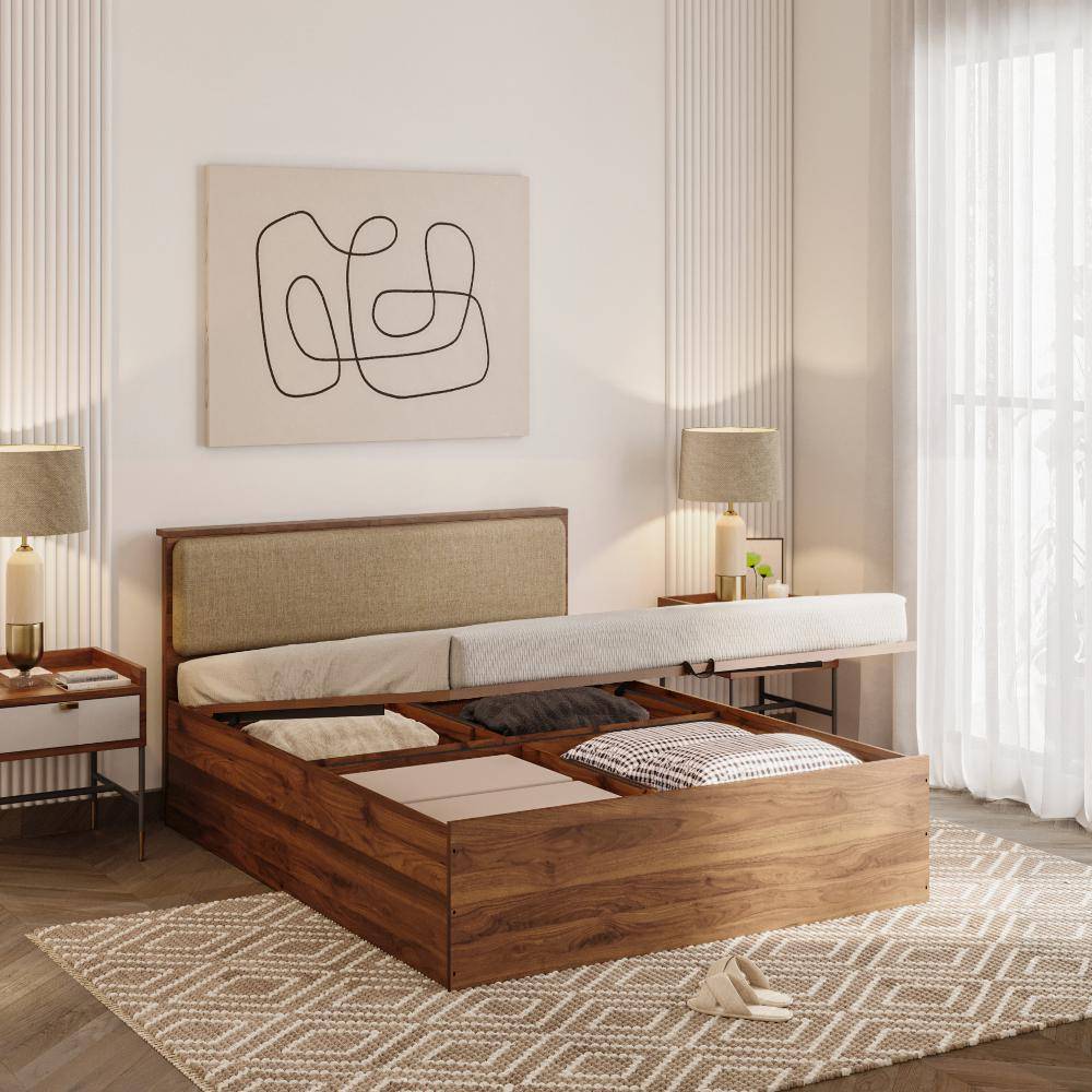 Taurus Queen Storage Engineered Wood Bed With Hydraulic Mechanism With Omega Pearl Upholstered Headboard (78x60 inch)