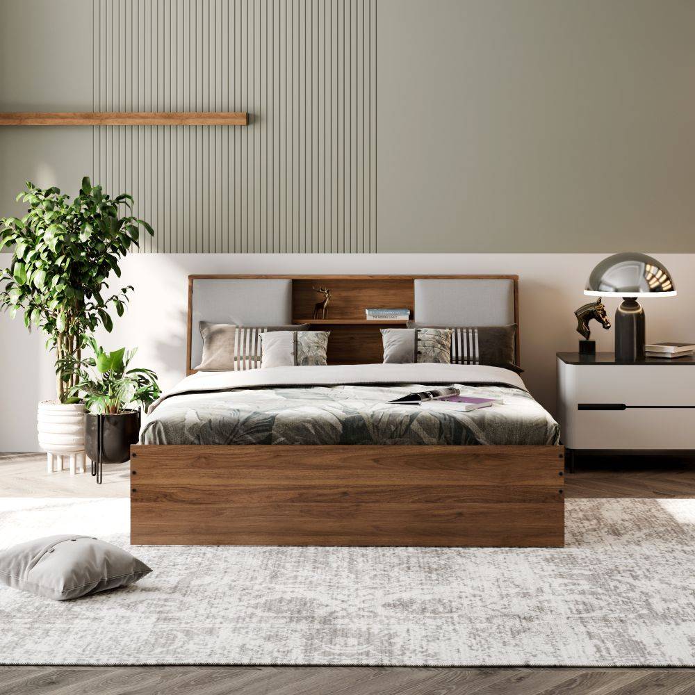 Orion Queen Non- Storage Engineered Wood Bed With Omega Grey Upholstered Headboard (78x60 inch)