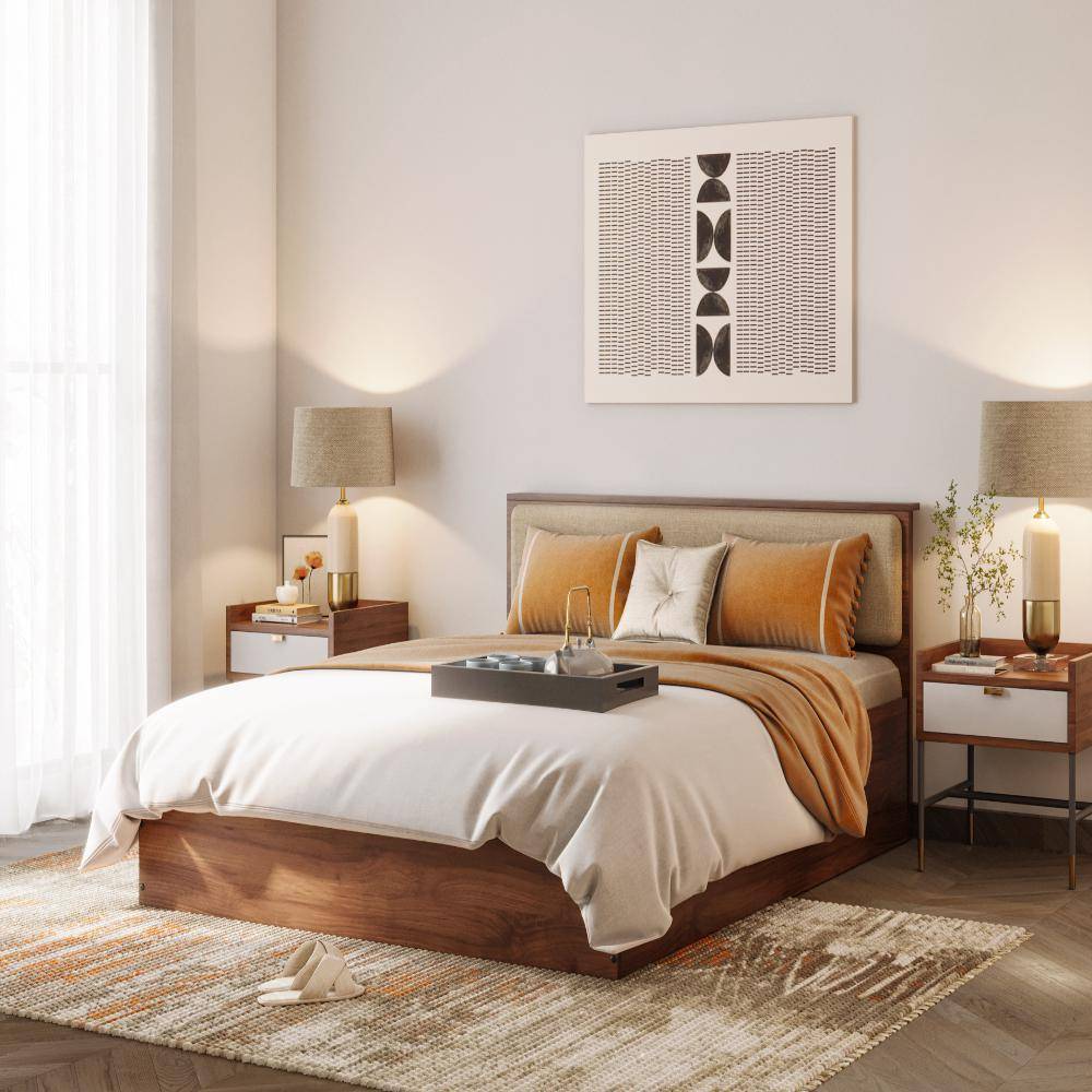 Taurus Queen Storage Engineered Wood Bed With Omega Pearl Upholstered Headboard (78x60 inch)