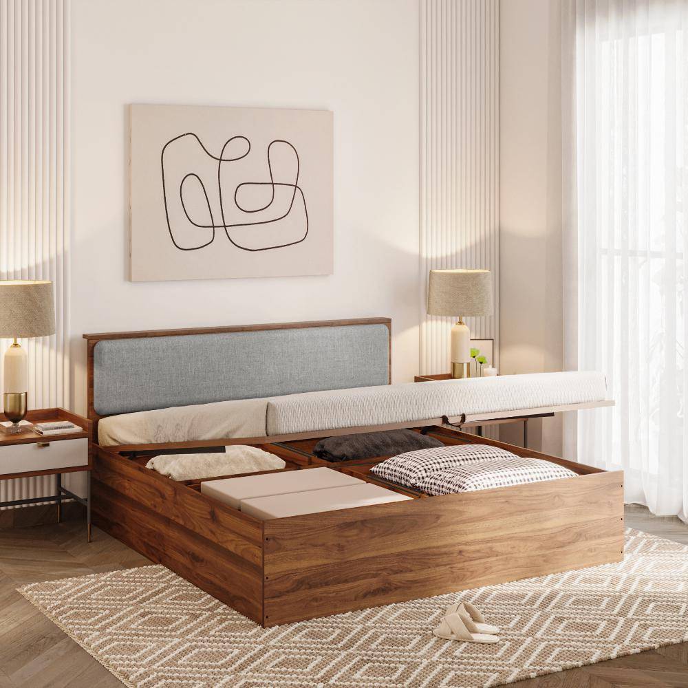 Taurus King Storage Engineered Wood Bed With Hydraulic Mechanism With Omega Grey Upholstered Headboard (78x72 inch)