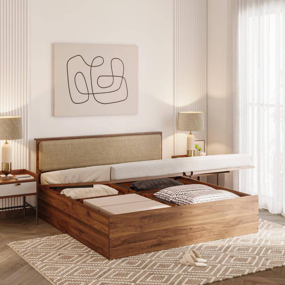 Taurus King Storage Engineered Wood Bed With Hydraulic Mechanism With Omega Pearl Upholstered Headboard (78x72 inch)