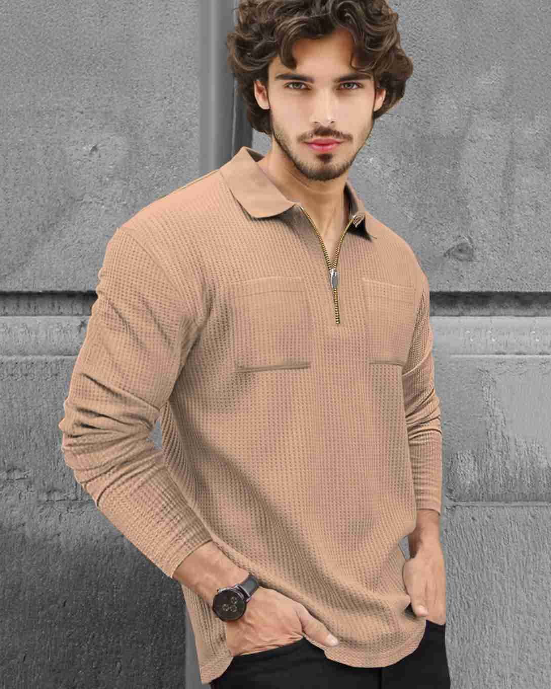 Men Full Sleeve Double Poacket Polo Waffle Beige T-shirt