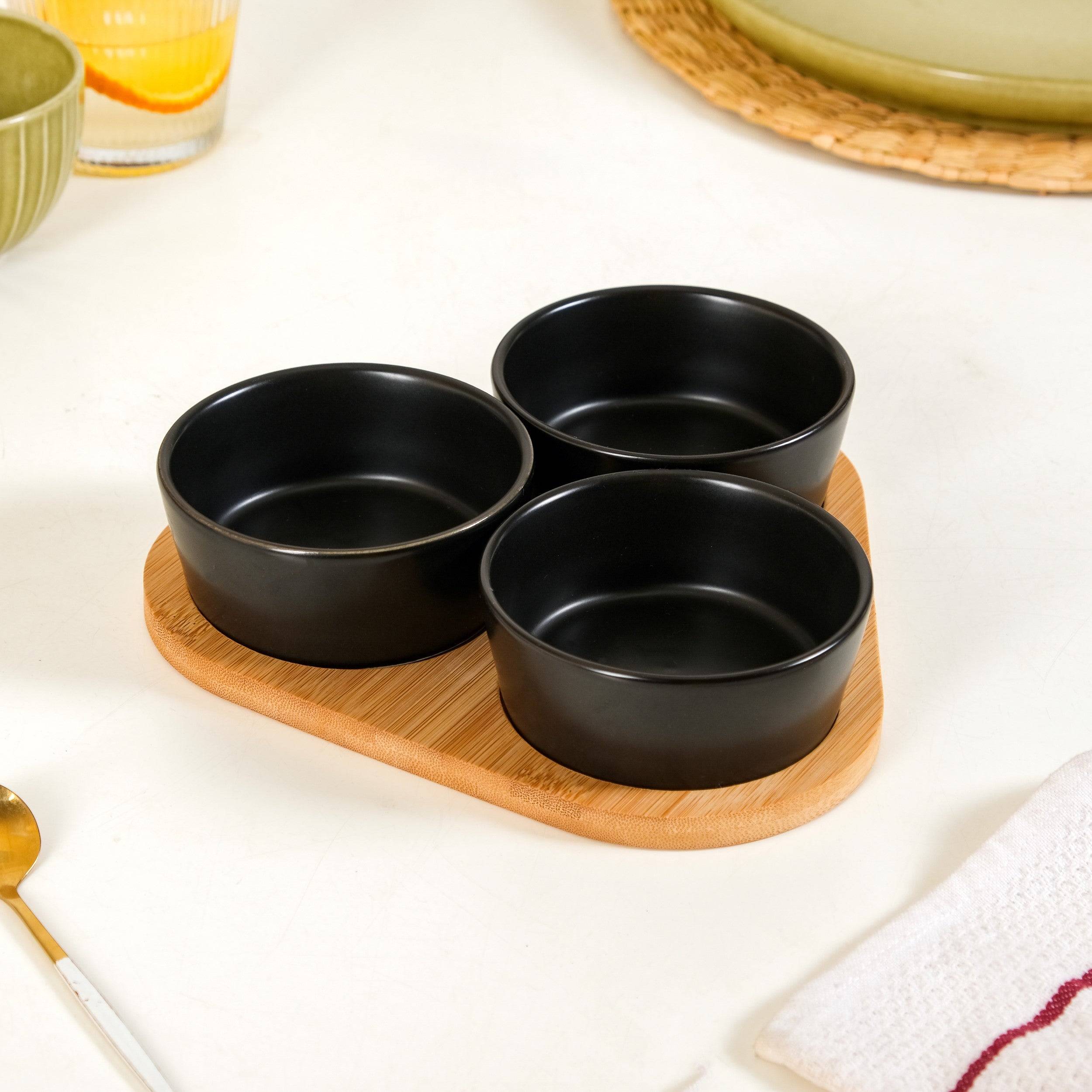 Black Ceramic Bowls Set Of 3 With Bamboo Tray 200ml buy only at ₹940