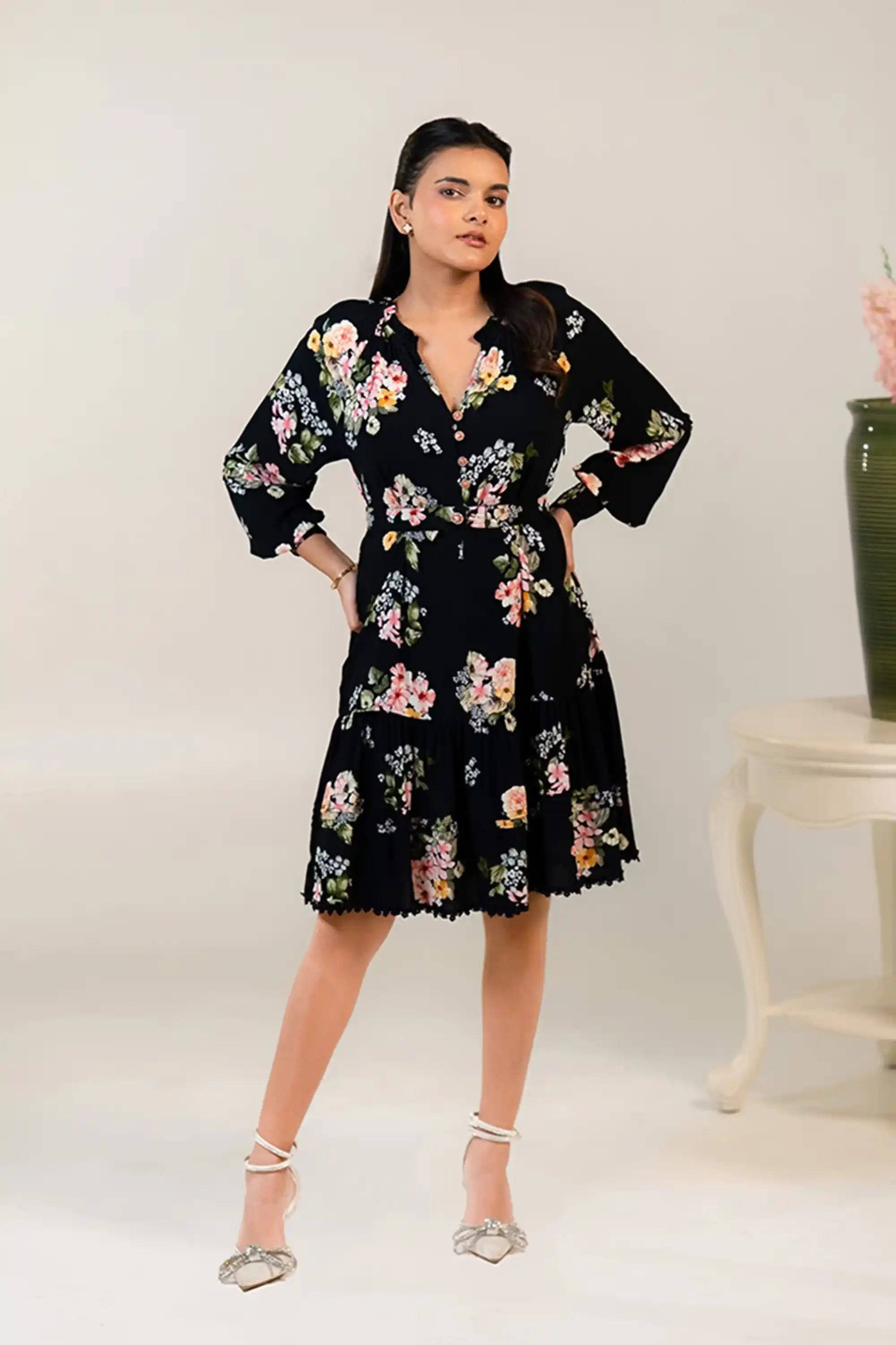 Black Floral Long-Sleeve Tiered Button-Down Dress