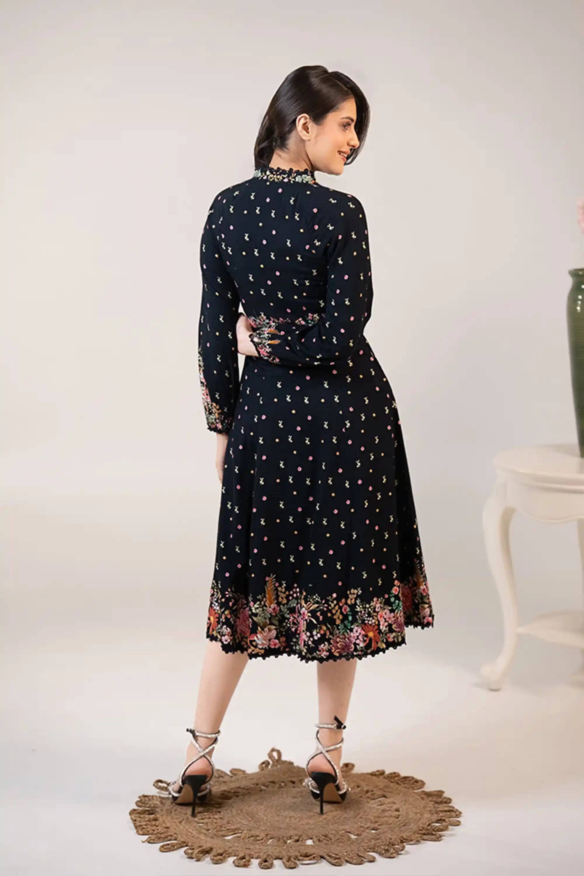 Twilight Garden Black Floral Belted Midi Dress