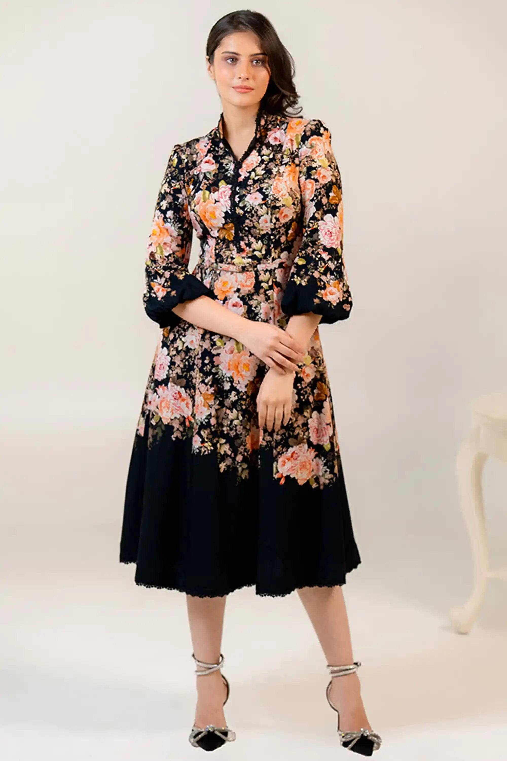 Rosalia Bloom Black Floral Belted Midi Dress