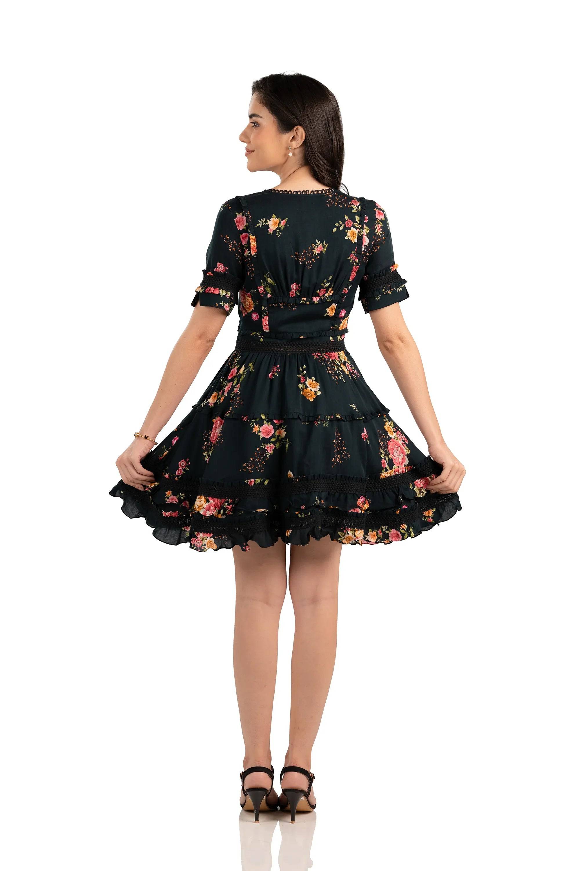 Black Floral Ruffle Tiered Mini Dress