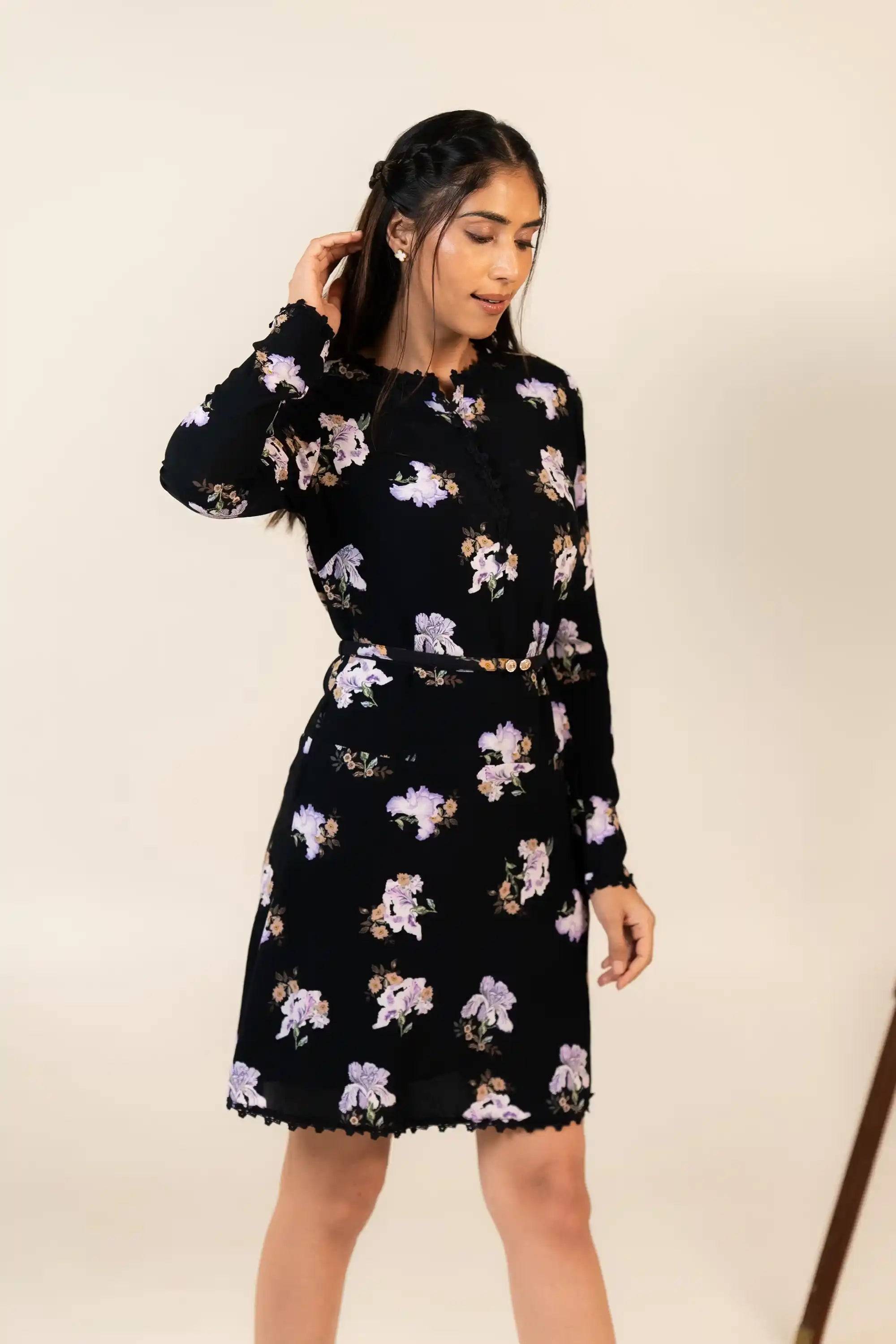 Midnight Iris Floral Belted Long Sleeve Mini Dress