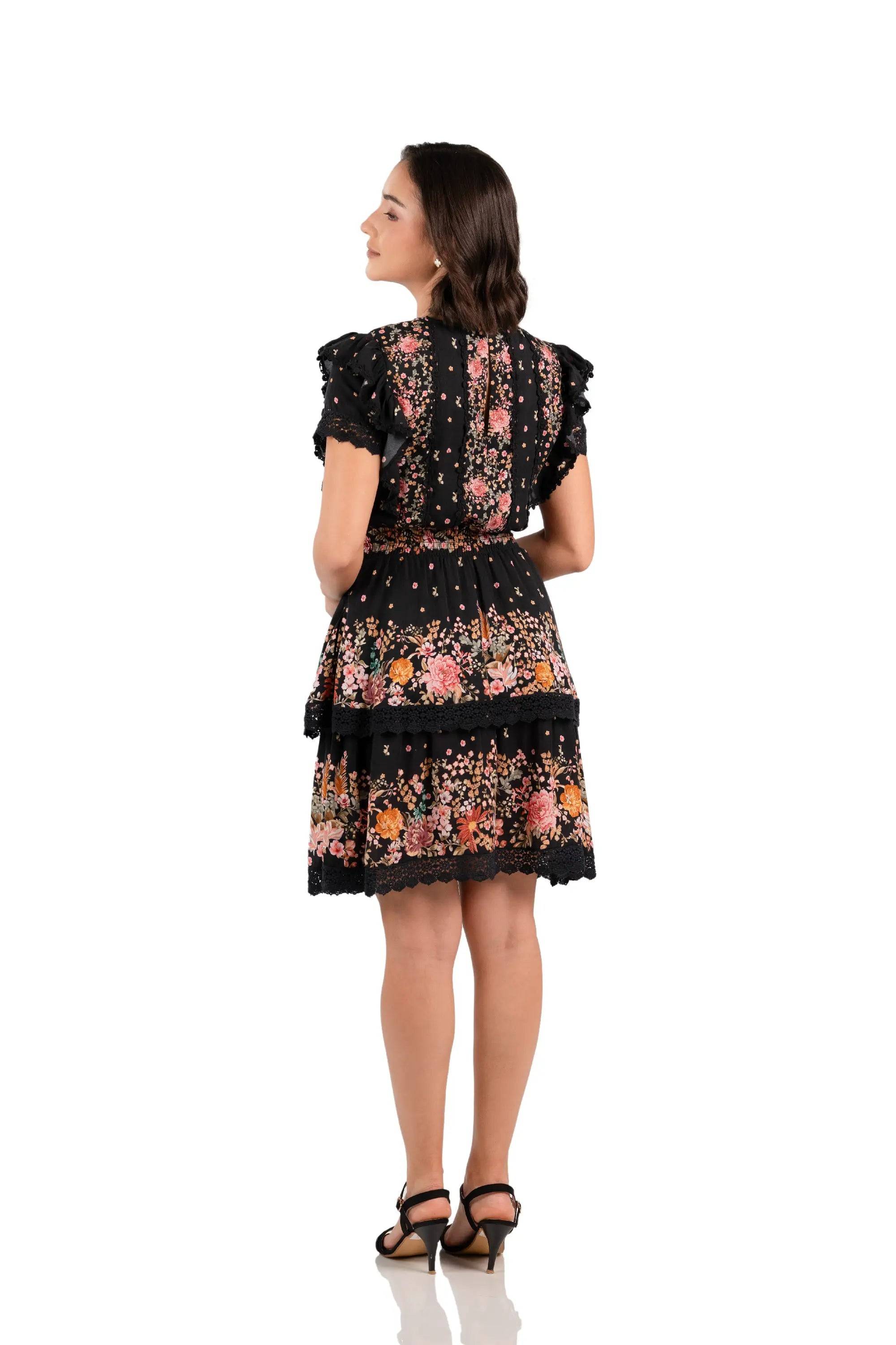 Black Floral Smocked Waist Ruffle Mini Dress