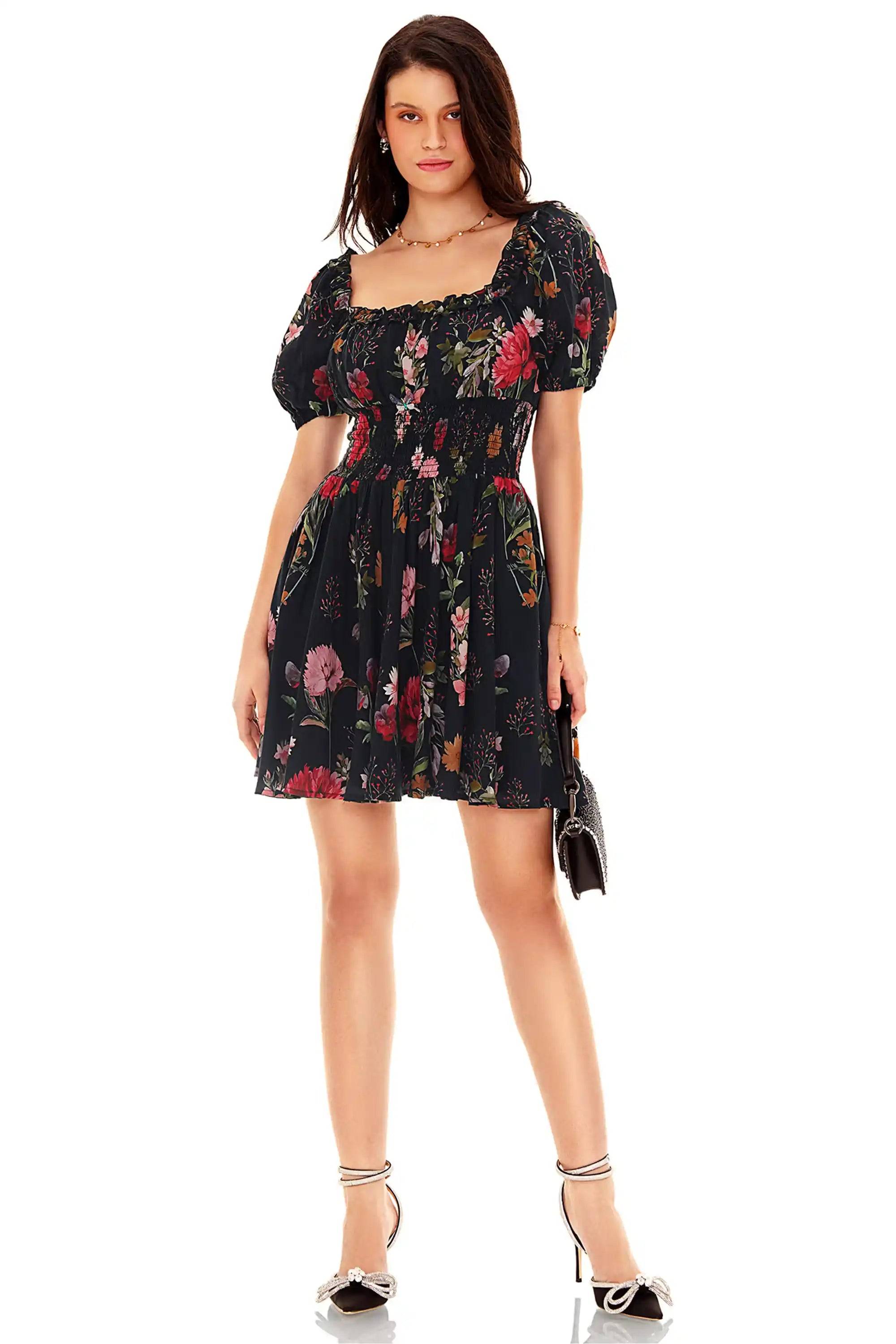 Black Floral Puff-Sleeve Smocked Mini Dress