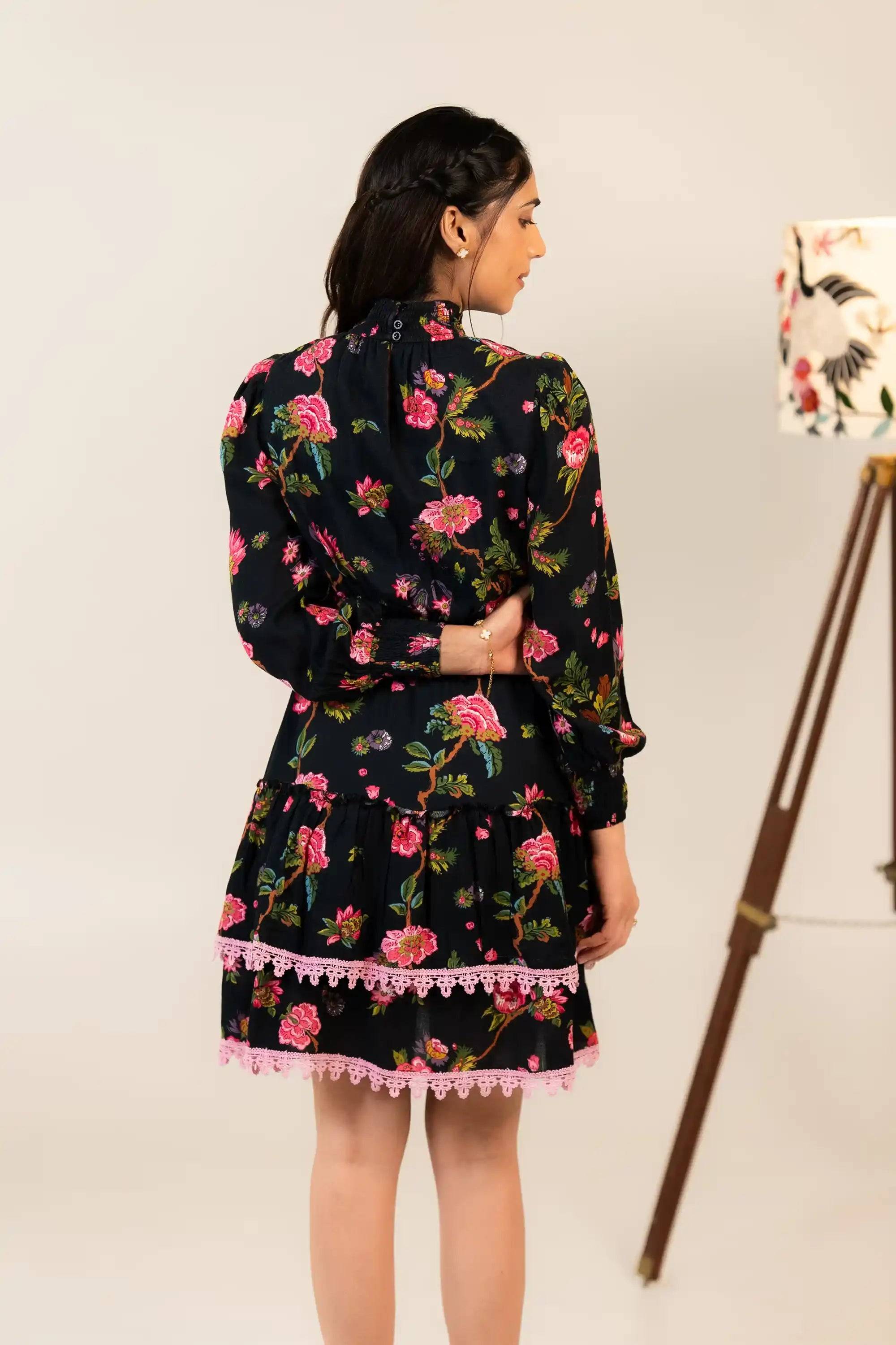 Noir Floral High-Neck Puff-Sleeve Mini Dress