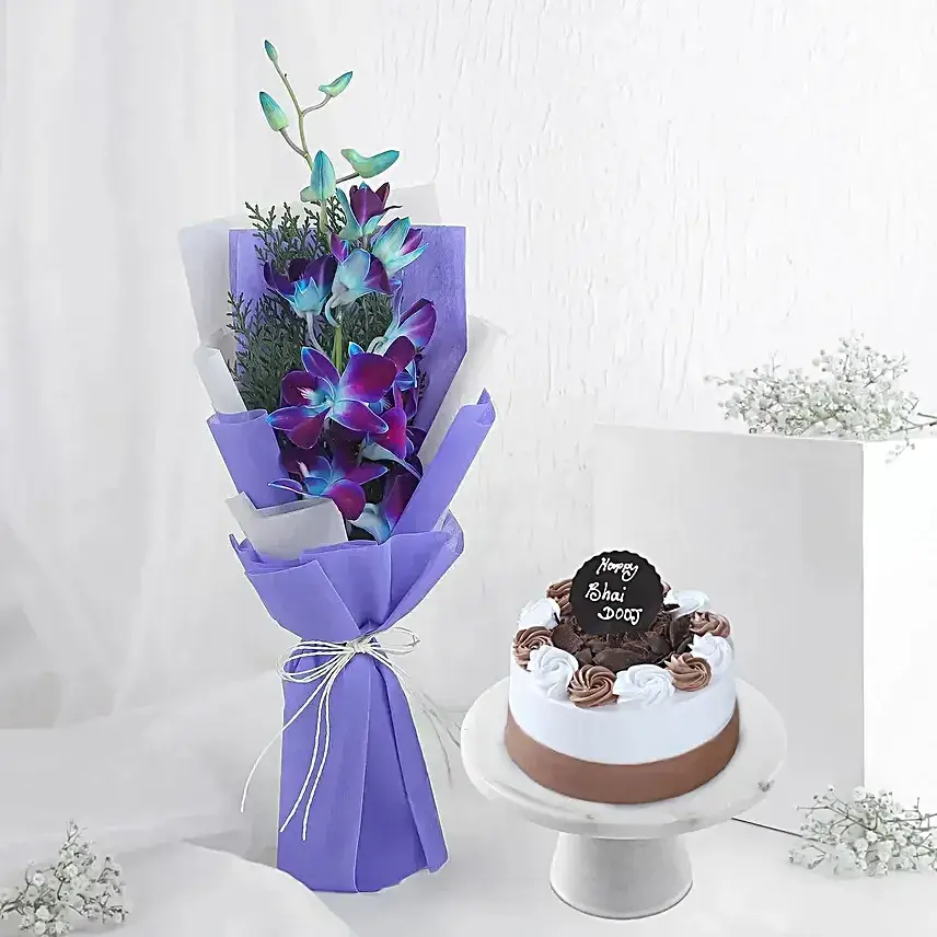 Black Forest Bento Cake N Misty Azure Orchids for Bhai Dhooj