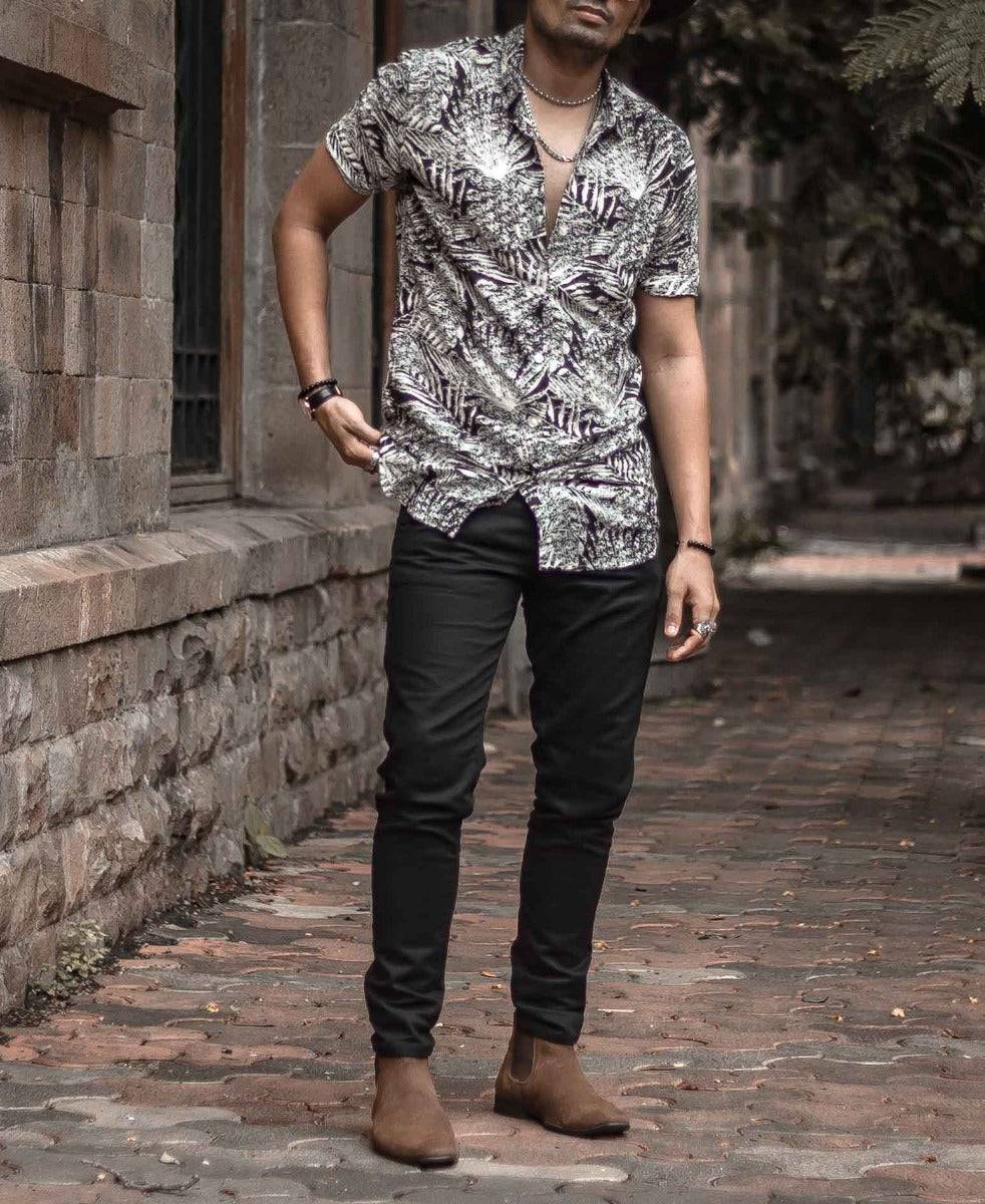 Black and White Leaves Printed Half Sleeves Shirt Buy @ ₹499