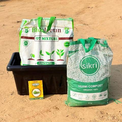 Bathua Grow Kit - 20 Inch Black Window Planter + 10Kg Soil Potting Mix + 5 Kg Vermicompost (Brands may vary)