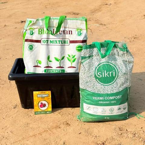Beetroot Grow Kit - 20 Inch Black Window Planter + 10Kg Soil Potting Mix + 5 Kg Vermicompost (Brands may vary)