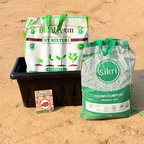 Cherry Tomato Grow Kit - 20 Inch Black Window Planter + 10Kg Soil Potting Mix + 5 Kg Vermicompost (Brands may vary)